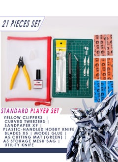 21 pieces/Yellow clippers + plier covers | Curved tweezers | Sandpaper x9 | Plastic-handled hobby knife | Blades x5 | Model glue | A5 cutting mat (green) | A5 storage mesh bag | Utility knife