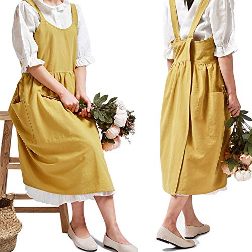 NEWGEM Cotton Linen Cross Back Apron for Women with Pockets for Cooking Cleaning Yellow without Waist Ties - Image 1