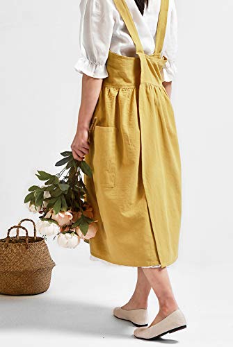 NEWGEM Cotton Linen Cross Back Apron for Women with Pockets for Cooking Cleaning Yellow without Waist Ties - Image 5