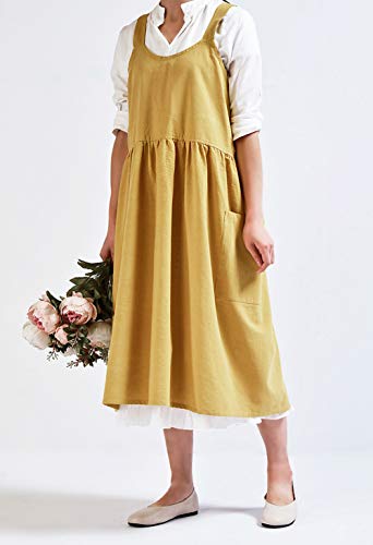 NEWGEM Cotton Linen Cross Back Apron for Women with Pockets for Cooking Cleaning Yellow without Waist Ties - Image 3