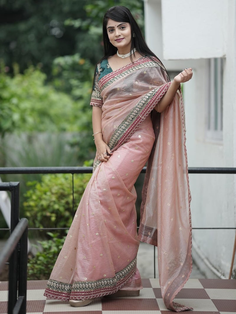 SAREE MALL Women's Peach Organza Embellished Saree With Unstitched Blouse (KESARI11501_KR) - Image 4