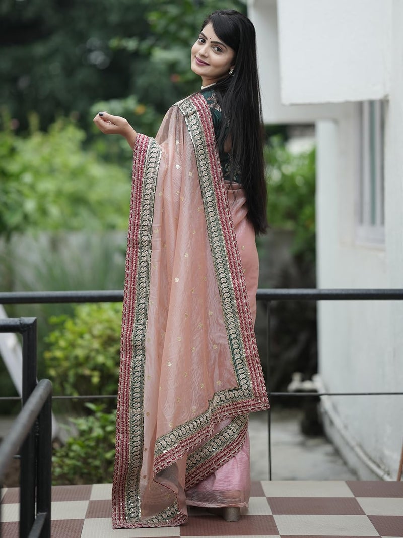 SAREE MALL Women's Peach Organza Embellished Saree With Unstitched Blouse (KESARI11501_KR) - Image 2