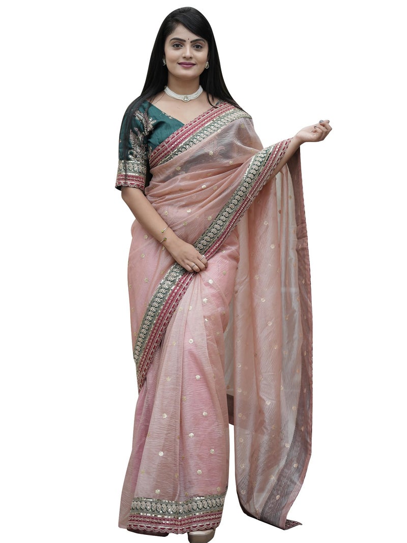 SAREE MALL Women's Peach Organza Embellished Saree With Unstitched Blouse (KESARI11501_KR) - Image 1