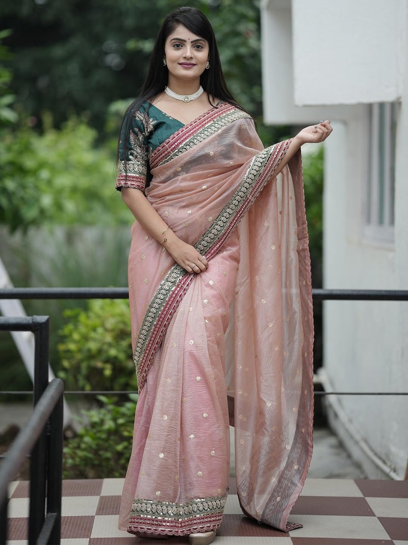 SAREE MALL Women's Peach Organza Embellished Saree With Unstitched Blouse (KESARI11501_KR) - Image 3