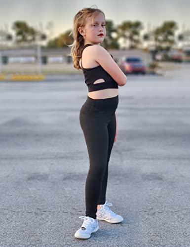 Gnainach Girls Leggings Size 11-12 Years Old Solid Black Stretch Slim High Waist Compression Yoga Pants for Kids Workout Dance - Image 3