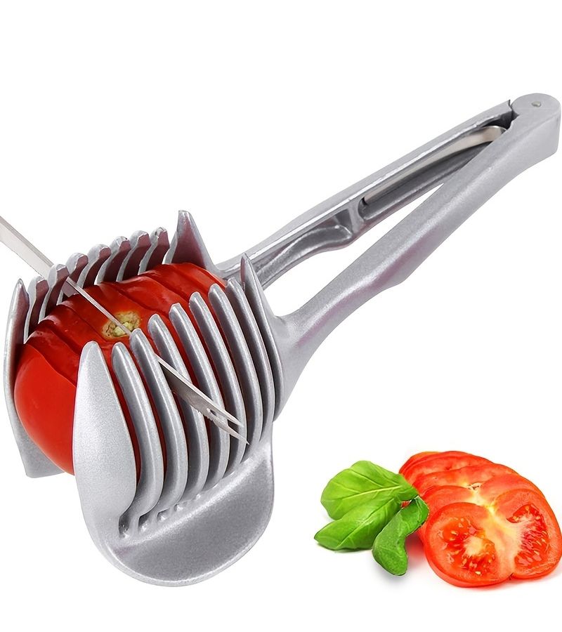 Silvery Stainless Steel Tomato Lemon Slicer Holder With Handle For Round Fruits Onion Shredder And Potato Lime Cutting - Image 1