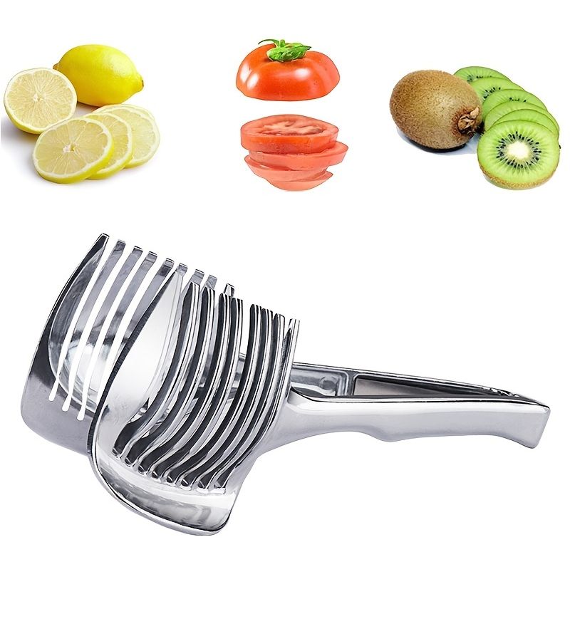 Silvery Stainless Steel Tomato Lemon Slicer Holder With Handle For Round Fruits Onion Shredder And Potato Lime Cutting - Image 4