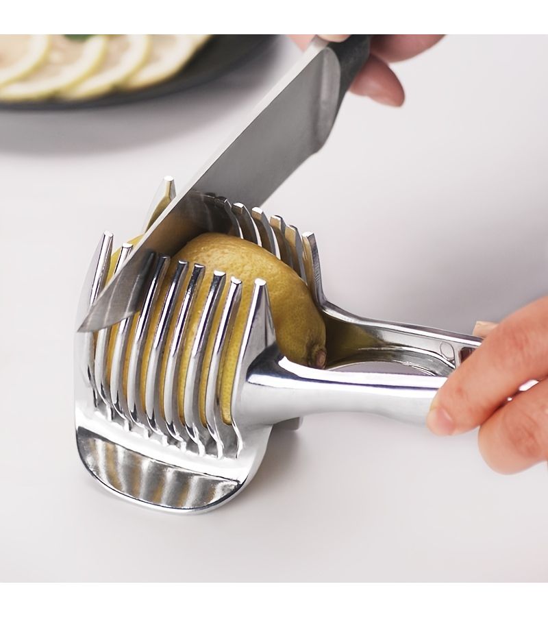 Silvery Stainless Steel Tomato Lemon Slicer Holder With Handle For Round Fruits Onion Shredder And Potato Lime Cutting - Image 2