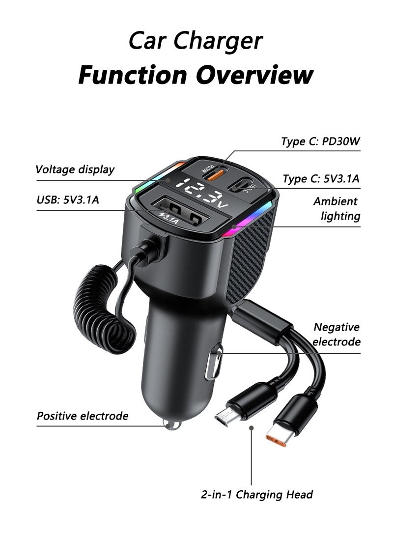CAYGA Retractable Car Charger 5 in 1, Fast Car Phone Charger with Cord 2.6ft, USB C and Apple Car Charger Adapter, Compatible with iPhone 17/16/15/15 Pro Max/14/13/12/11, Galaxy, Pixel - Image 2