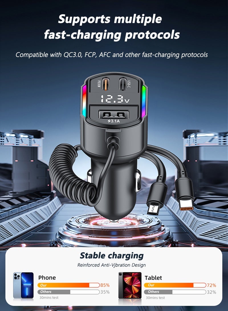 CAYGA Retractable Car Charger 5 in 1, Fast Car Phone Charger with Cord 2.6ft, USB C and Apple Car Charger Adapter, Compatible with iPhone 17/16/15/15 Pro Max/14/13/12/11, Galaxy, Pixel - Image 3