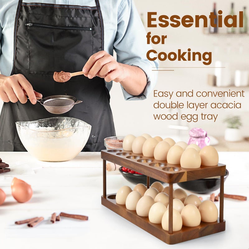 Sishynio Wooden Double Layer Egg Holder - Farmhouse Kitchen Acacia Egg Tray Organizer - 2 Tier Fresh Egg Storage Rack Basket for Countertop, 36 Capacity - Image 2