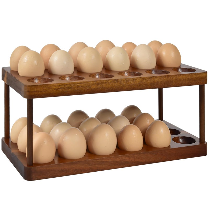Sishynio Wooden Double Layer Egg Holder - Farmhouse Kitchen Acacia Egg Tray Organizer - 2 Tier Fresh Egg Storage Rack Basket for Countertop, 36 Capacity - Image 1