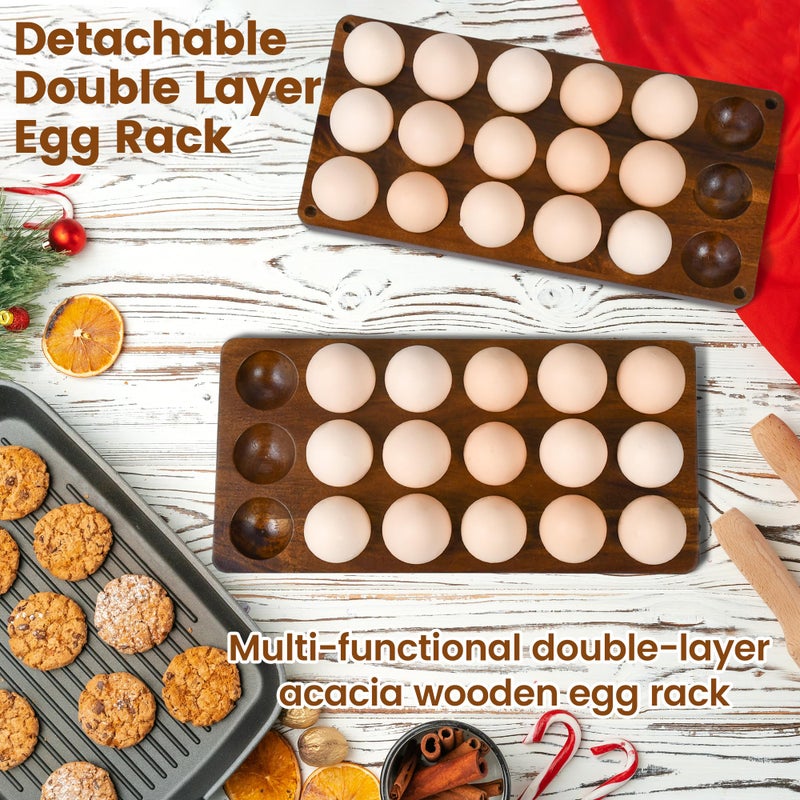 Sishynio Wooden Double Layer Egg Holder - Farmhouse Kitchen Acacia Egg Tray Organizer - 2 Tier Fresh Egg Storage Rack Basket for Countertop, 36 Capacity - Image 3