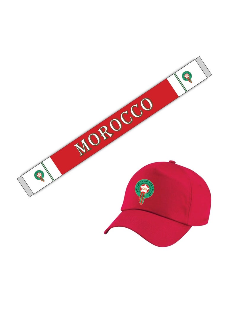 Morocco Sports Combo Pack - Gifts for Sports Fan - Embroidered Cap - Scarf - Flag - Flag Pin - Drawstring Bag - Image 1