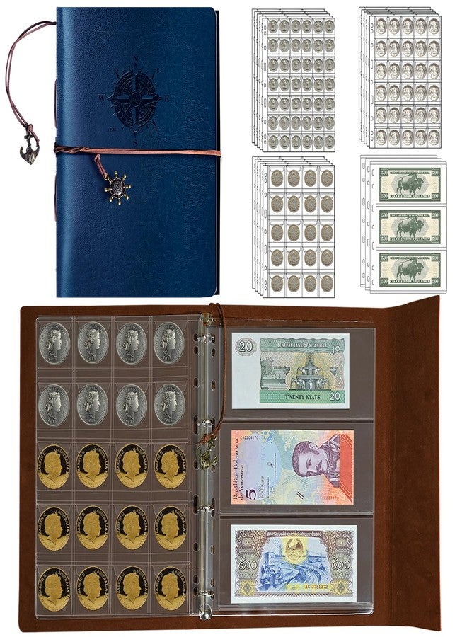 GoShambar Coin Collection Book Holder for Collectors,428 Pockets Coin Collection Supplies & 12 Sleeves Paper Money Currency Album, Display Storage Case for All Coins, Currency Holder for Bills (Blue) - Image 1