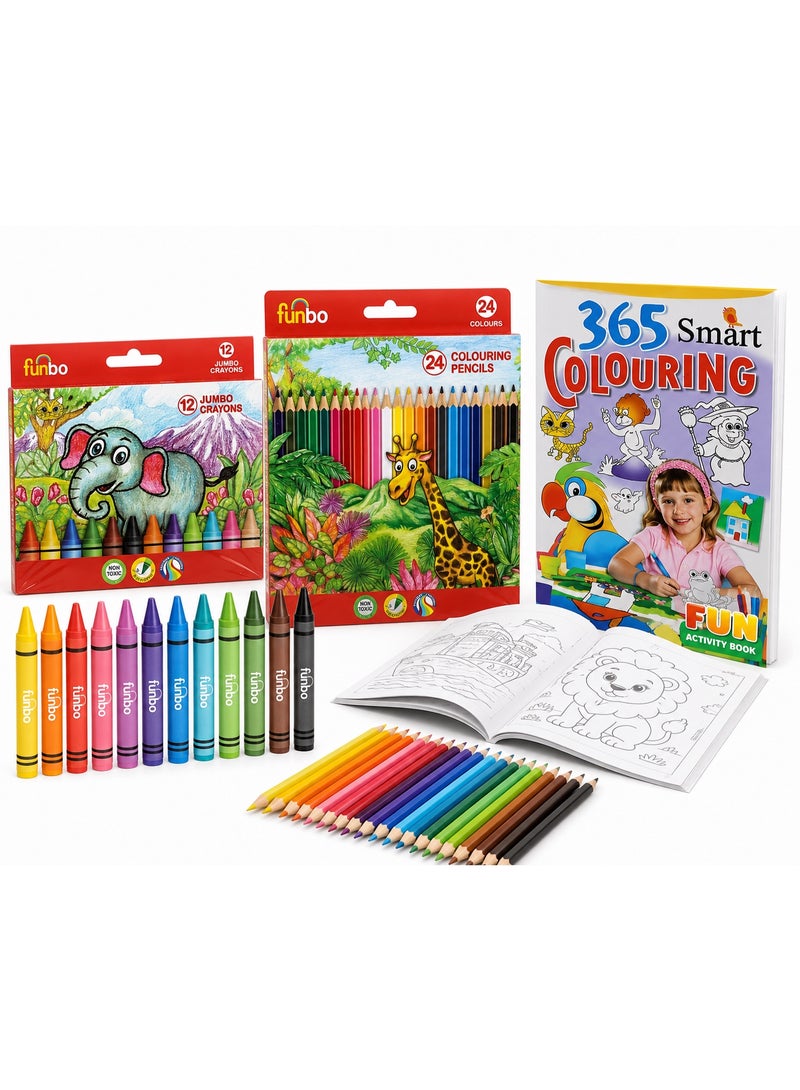 Funbo Kids Drawing & Coloring Art Set – 12 Jumbo Crayons + 24 Colored Pencils + Coloring Book – Non-Toxic Educational Art Kit for Boys & Girls Ages 3+ - Image 1
