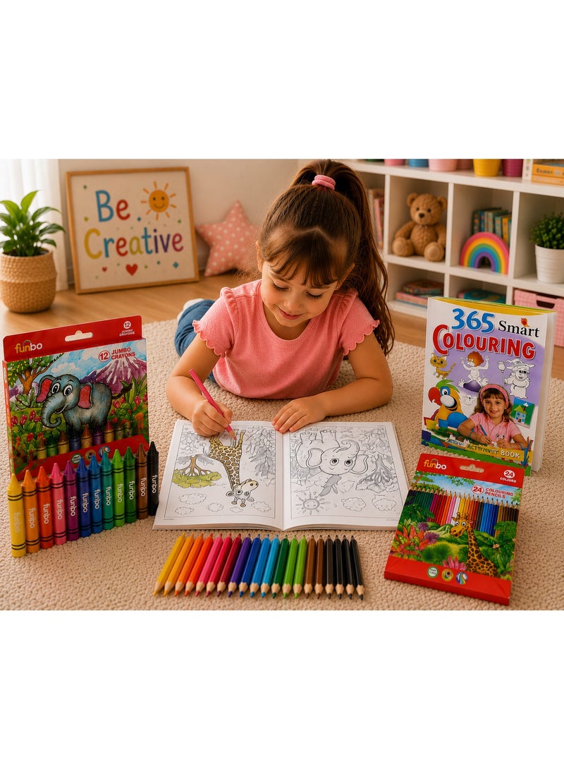Funbo Kids Drawing & Coloring Art Set – 12 Jumbo Crayons + 24 Colored Pencils + Coloring Book – Non-Toxic Educational Art Kit for Boys & Girls Ages 3+ - Image 3