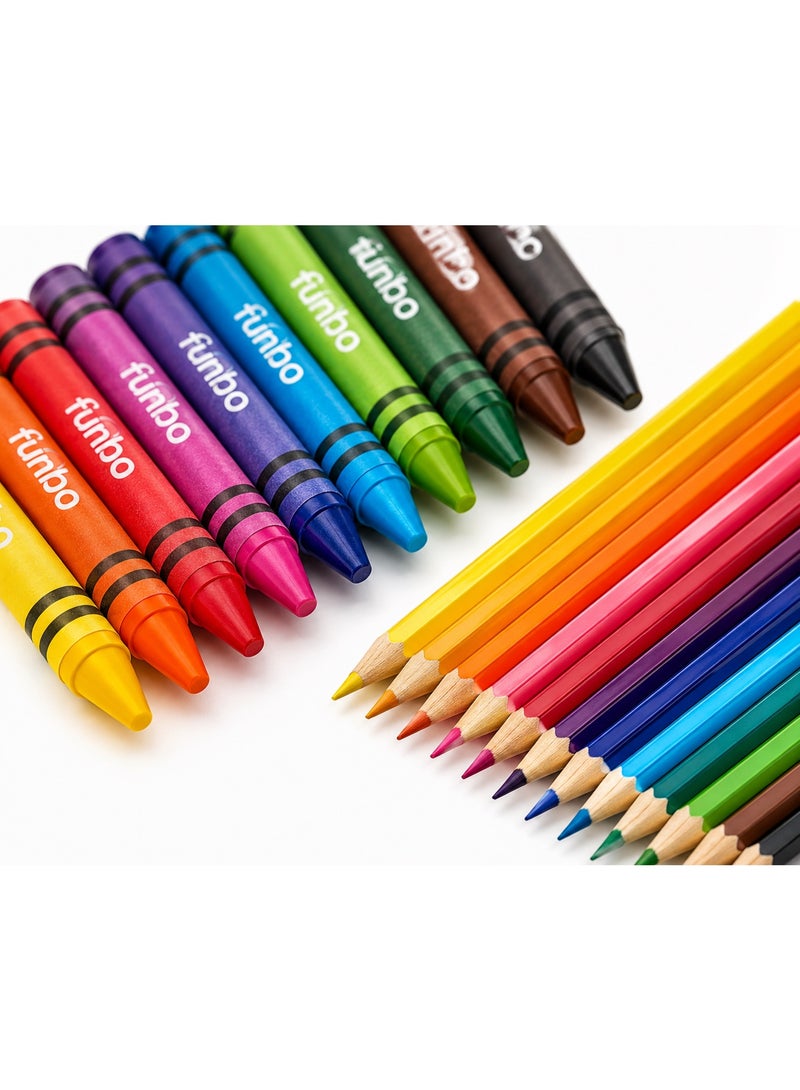 Funbo Kids Drawing & Coloring Art Set – 12 Jumbo Crayons + 24 Colored Pencils + Coloring Book – Non-Toxic Educational Art Kit for Boys & Girls Ages 3+ - Image 2