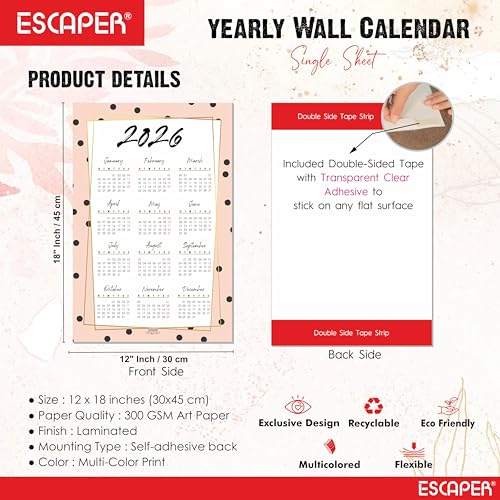 ESCAPER Wall Calendar 2026 – 12 x 18 Inch, Laminated 300 GSM Paper, Easy-to-Stick, Durable & Stylish Yearly Planner for Home, Office & Gift for Family or Colleagues - Image 4