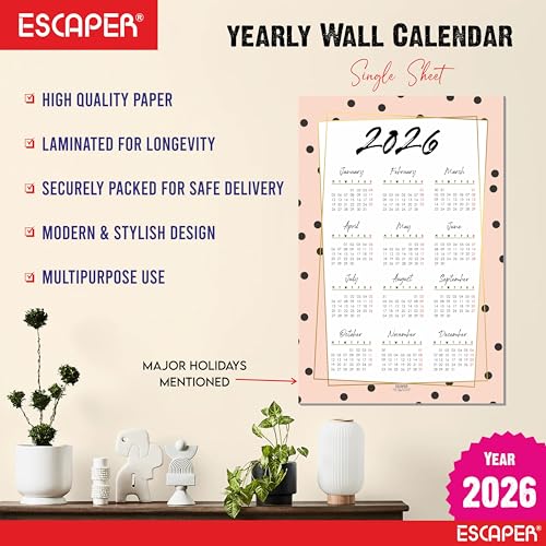 ESCAPER Wall Calendar 2026 – 12 x 18 Inch, Laminated 300 GSM Paper, Easy-to-Stick, Durable & Stylish Yearly Planner for Home, Office & Gift for Family or Colleagues - Image 2