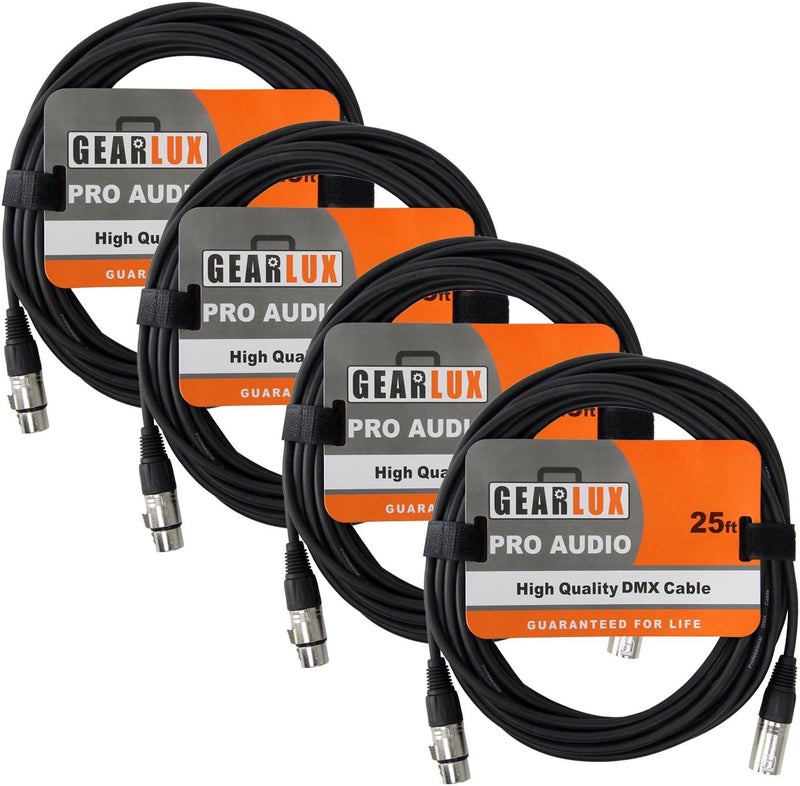 Gearlux 25ft DMX Cable, 3-Pin Male to Female DMX Cable, Black - 4 Pack - Image 1
