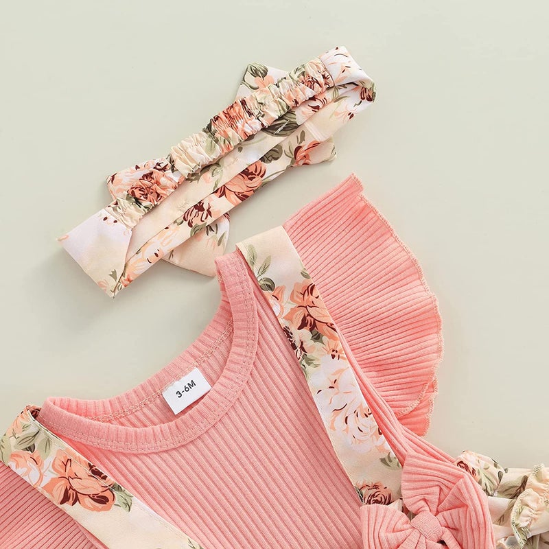 Socutebabe Baby Girl Floral Romper Newborn Dress Ruffle Onesie Suspender Shorts Jumpsuit Cute Summer Clothes and Headband (A Pink, 0-3 Months) - Image 2
