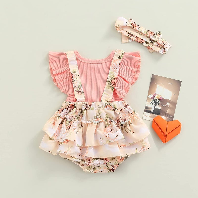 Socutebabe Baby Girl Floral Romper Newborn Dress Ruffle Onesie Suspender Shorts Jumpsuit Cute Summer Clothes and Headband (A Pink, 0-3 Months) - Image 5