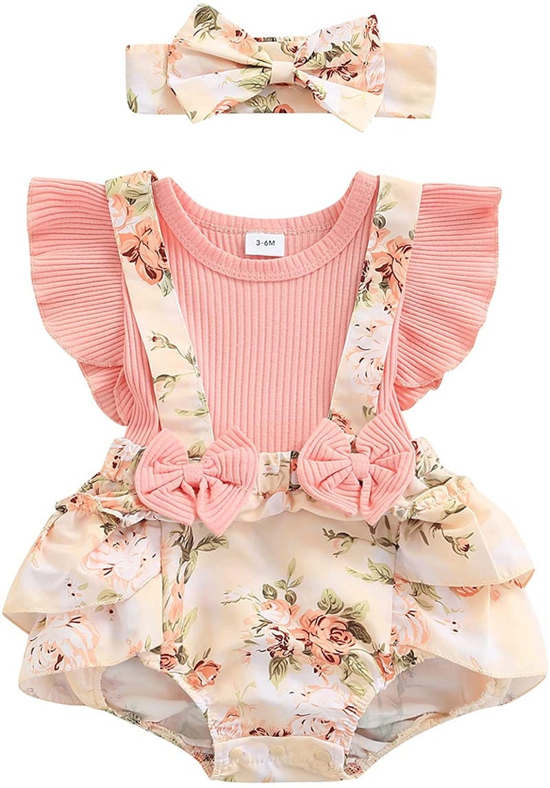 Socutebabe Baby Girl Floral Romper Newborn Dress Ruffle Onesie Suspender Shorts Jumpsuit Cute Summer Clothes and Headband (A Pink, 0-3 Months) - Image 1