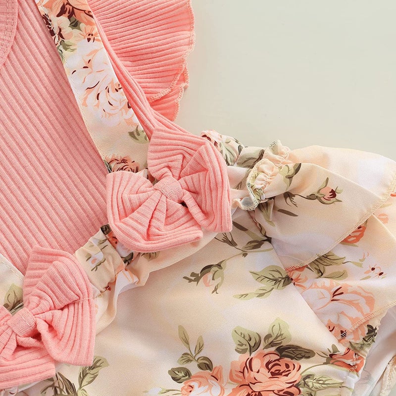 Socutebabe Baby Girl Floral Romper Newborn Dress Ruffle Onesie Suspender Shorts Jumpsuit Cute Summer Clothes and Headband (A Pink, 0-3 Months) - Image 3