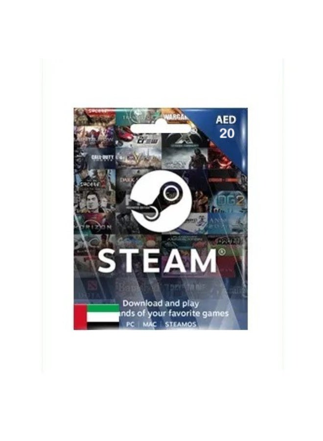 بطاقة هدايا محفظة Steam بقيمة 20 درهم إماراتي، رمز رقمي لدولة الإمارات العربية المتحدة