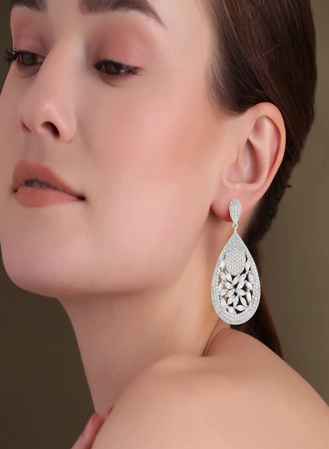 Shaze Silver Rhodium-Plated Cubic Zirconia Array Drop Earrings For Women - Image 2