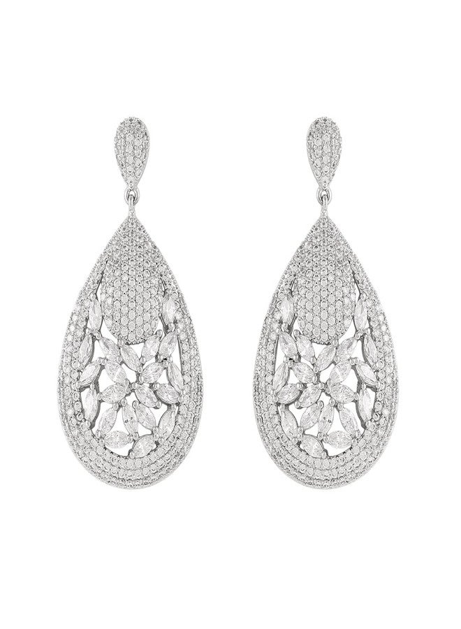 Shaze Silver Rhodium-Plated Cubic Zirconia Array Drop Earrings For Women - Image 1