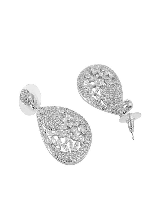 Shaze Silver Rhodium-Plated Cubic Zirconia Array Drop Earrings For Women - Image 4