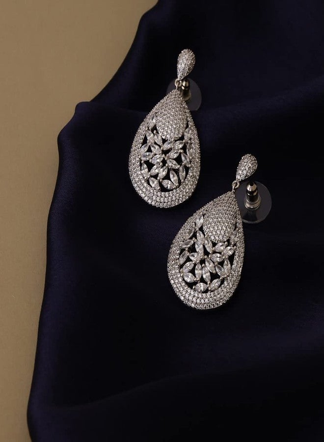Shaze Silver Rhodium-Plated Cubic Zirconia Array Drop Earrings For Women - Image 3