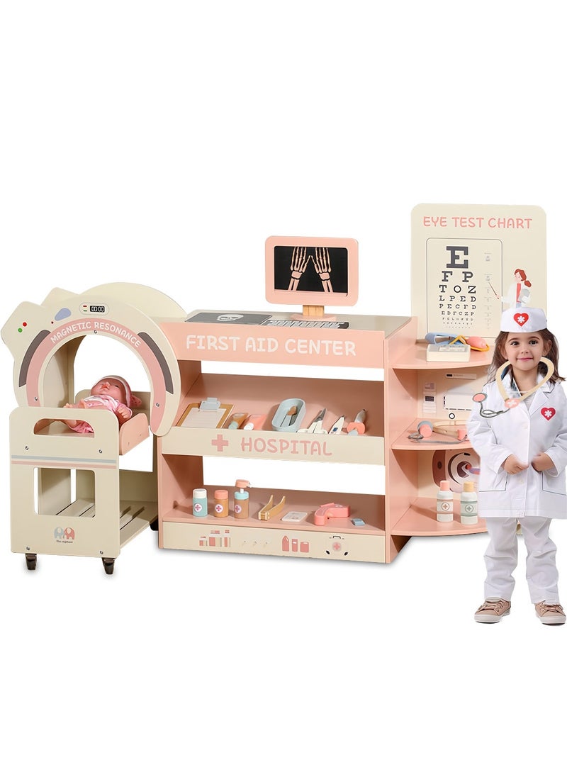 MaBaby Doctor Wooden Activity Center- Kids Pretend Play Medical Playset with 22 Fun Accessories, Dual Sided, Office Checkup Kit, X-Rays,  - Image 1
