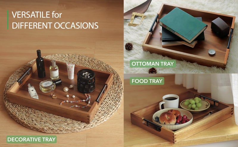 Joy&Grace Ottoman Tray for Living Room, Large Acacia Wooden Serving Tray with Handles for Coffee Table, Breakfast in Bed, Food Dinner, Decorative Tray (Color Natural, 16.7" x 12.8" x 2") - Image 5