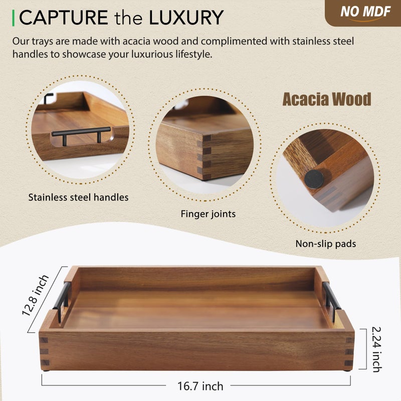 Joy&Grace Ottoman Tray for Living Room, Large Acacia Wooden Serving Tray with Handles for Coffee Table, Breakfast in Bed, Food Dinner, Decorative Tray (Color Natural, 16.7" x 12.8" x 2") - Image 3