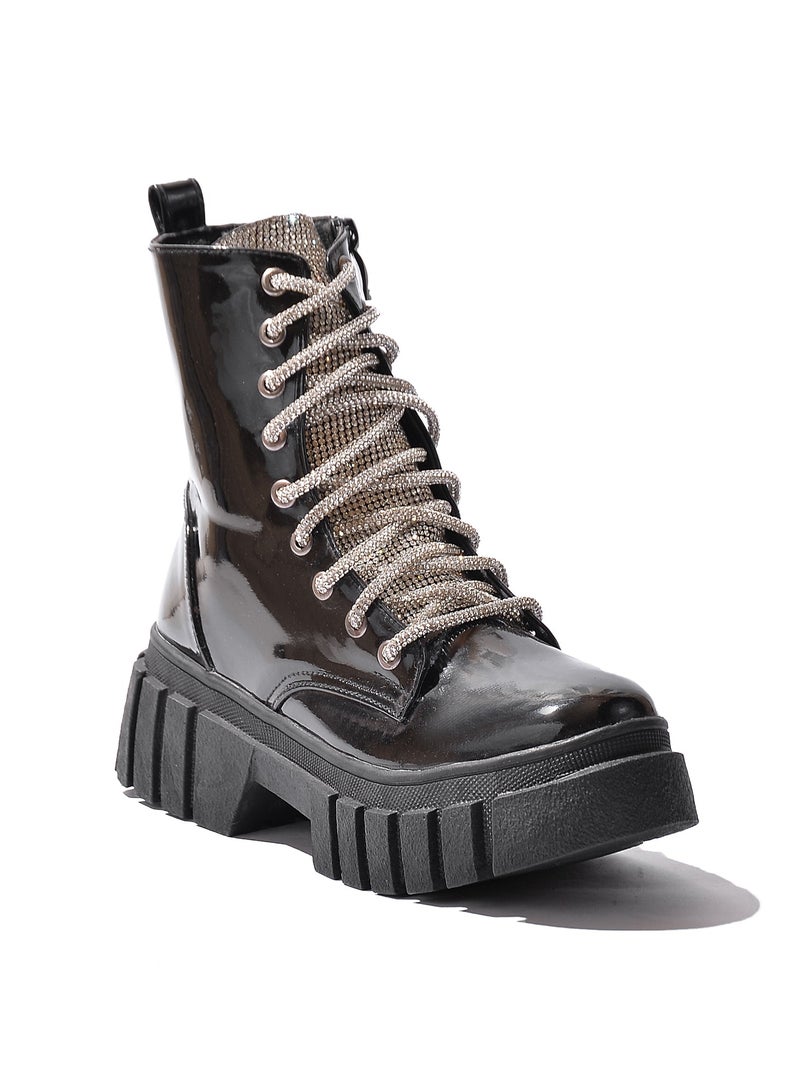 Run  Half Boot Leather Strass-BlackShiny - Image 1