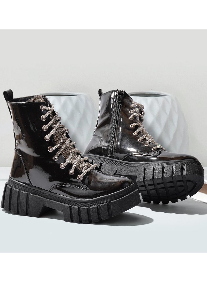 Run  Half Boot Leather Strass-BlackShiny - Image 3