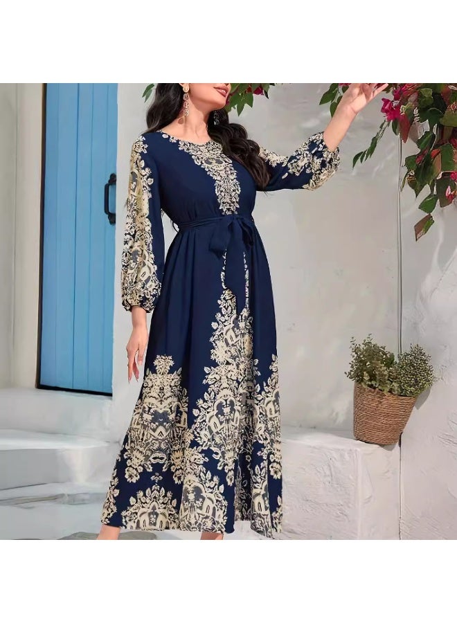 زد Printed long-sleeved long navy blue dress - Image 4