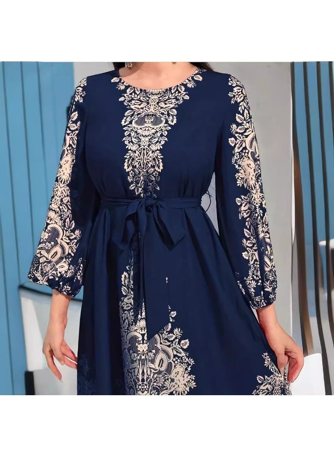 زد Printed long-sleeved long navy blue dress - Image 3