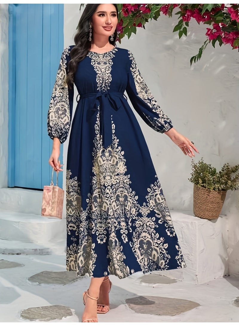 زد Printed long-sleeved long navy blue dress - Image 1