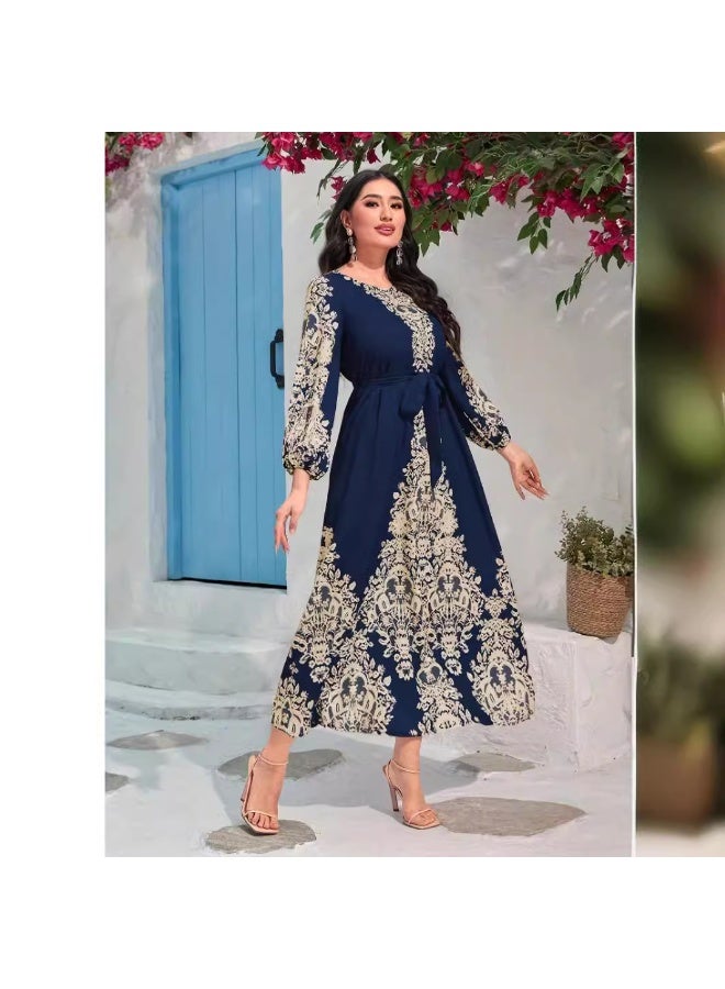 زد Printed long-sleeved long navy blue dress - Image 2