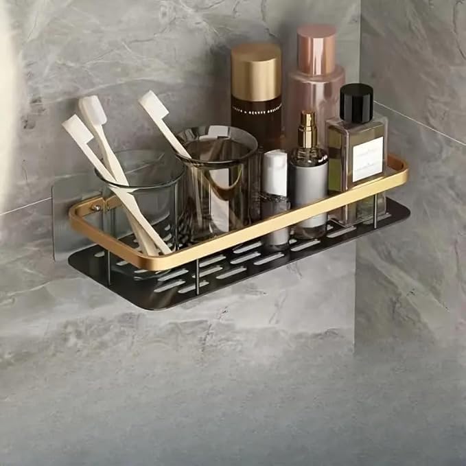 ACUDY Premium Aluminum Shower Caddy Shelf (Golden) | Self-Adhesive Wall Mounted Bathroom & Kitchen Organizer | Space-Saving Punch-Free Storage Rack (Pack of 1) - Image 1