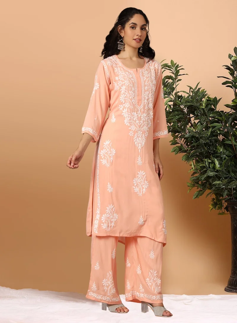 Alaya Peach Women Hand Embroidered Chikankari Modal Kurta Set-AL3600KS for Women | Best Price UAE