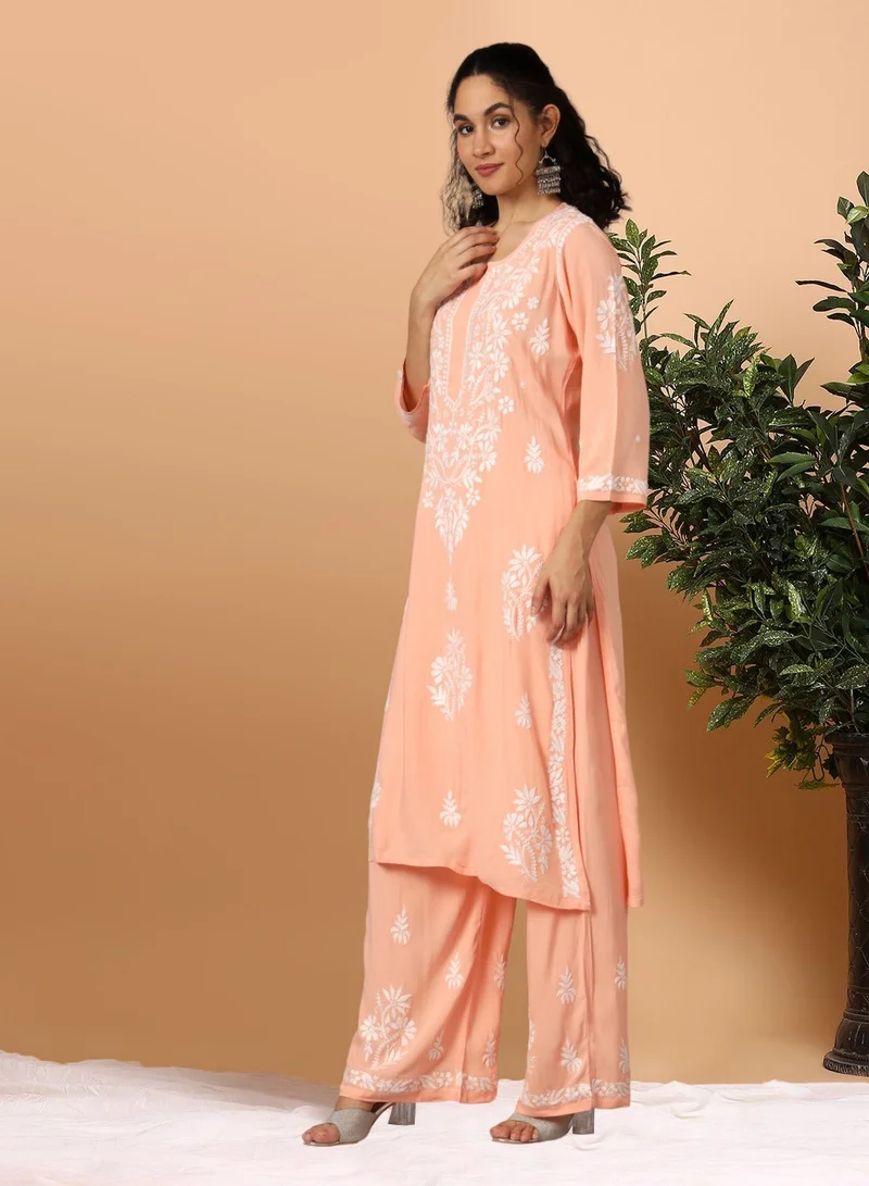 Alaya Peach Women Hand Embroidered Chikankari Modal Kurta Set-AL3600KS for Women | Best Price UAE
