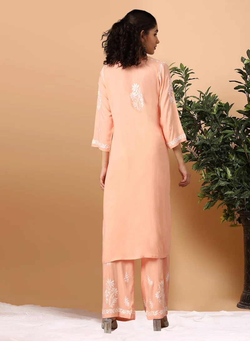 Alaya Peach Women Hand Embroidered Chikankari Modal Kurta Set-AL3600KS for Women | Best Price UAE