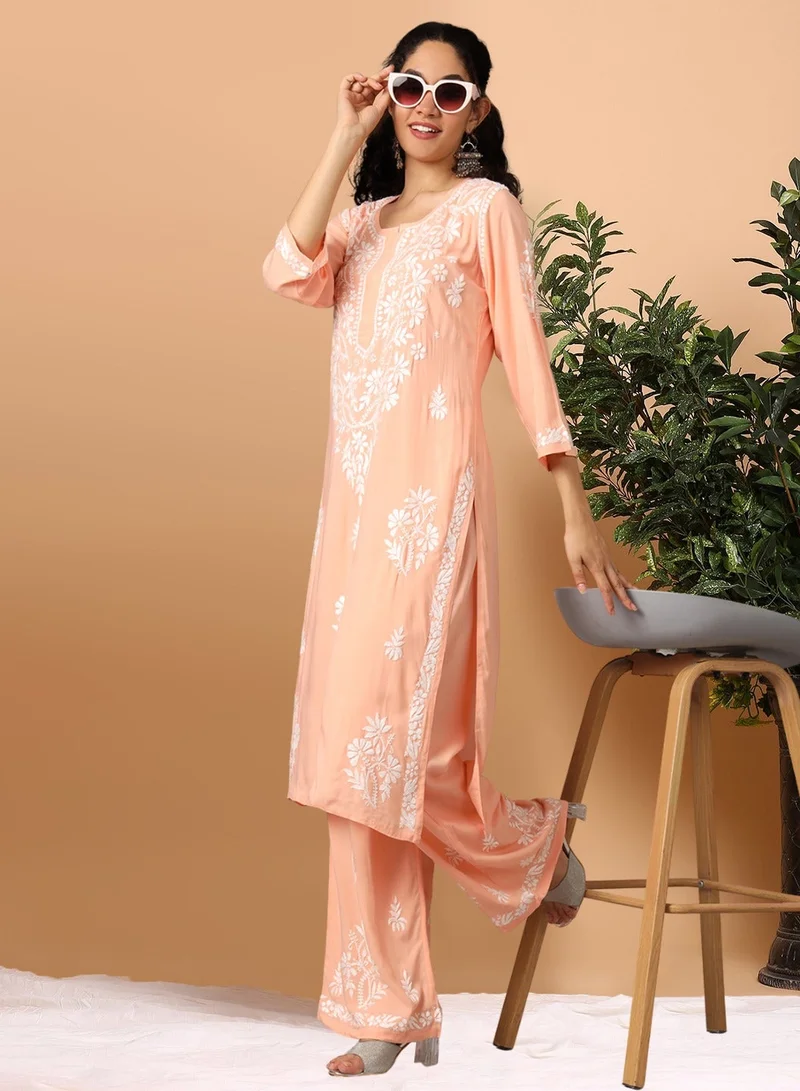 Alaya Peach Women Hand Embroidered Chikankari Modal Kurta Set-AL3600KS for Women | Best Price UAE