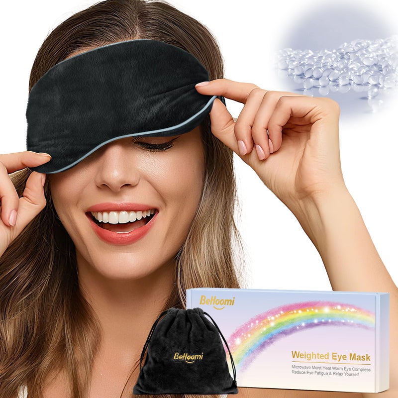 BeHoomi Heated Eye Mask Warm Compress for Eyes, Soothing Weighted Eye Mask for Sleeping, Microwave Moist Heating Pad Hot Compress for Eyes Relaxation, Reusable Sleep Mask for Home, Office (Black) - Image 1