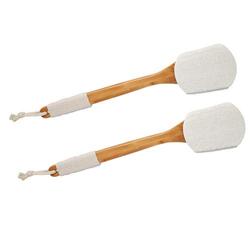 Leotruny 100% Natural Exfoliating Loofah with Long Wooden Handle Shower Back Brush (Off-White (2 Pack)) - Image 1